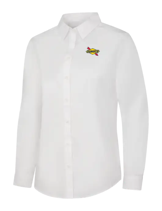 Womens White Long Sleeve Carefree Poplin Shirt w/Sunoco Logo