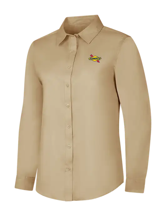 Dark Tan Womens Long Sleeve Superpro React Twill Shirt w/Sunoco Logo