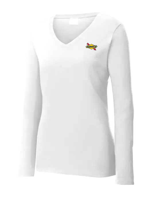 Womens  V-Neck Ring Spun White 4.5 oz Long Sleeve T-Shirt w/Sunoco Logo