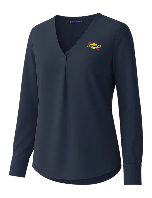 Brooks Brothers Womens Dark Navy Open-Neck Satin Blouse  w/Sunoco Logo