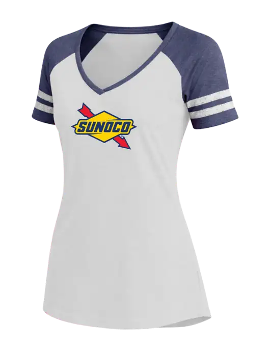Womens White/Navy Heather V-Neck Game Tee w/Sunoco Logo