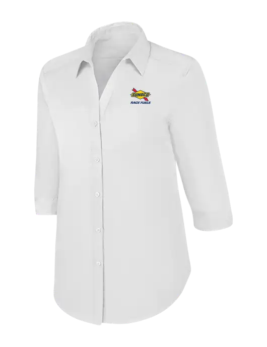 Womens White 3/4 Sleeve Carefree Poplin Shirt w/Sunoco Race Fuels Logo