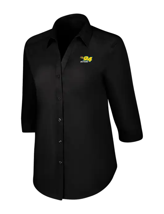 Womens Black 3/4 Sleeve Carefree Poplin Shirt w/Sunoco 94 Octane Logo