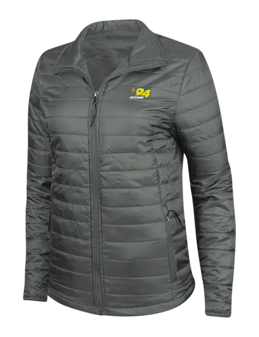 Dark Grey Womens Puffy Packable Jacket w/Sunoco 94 Octane Logo